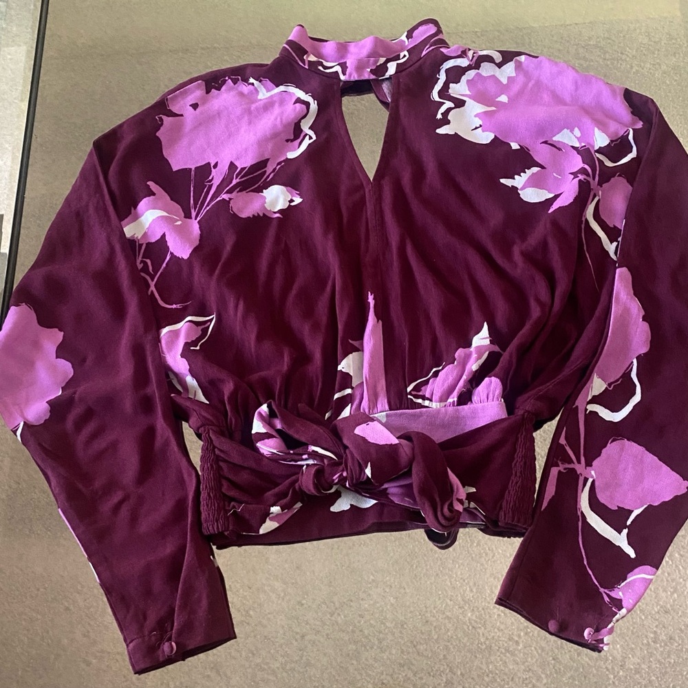 Free People Red Crop Blouse with Mandarin Collar